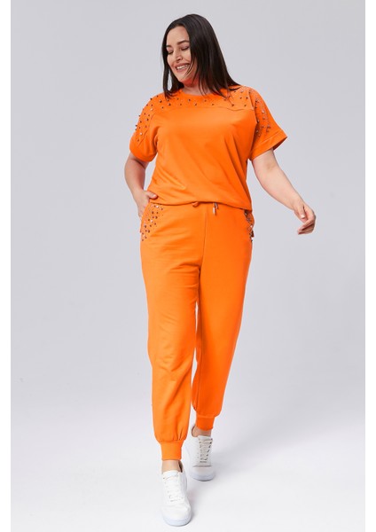 Kadın Büyük Beden Taş ve Boncuk Detaylı Kısa Kollu Yazlık Turuncu Eşofman Takımı