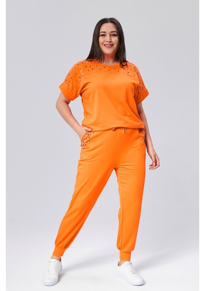 Kadın Büyük Beden Taş ve Boncuk Detaylı Kısa Kollu Yazlık Turuncu Eşofman Takımı fiyatları