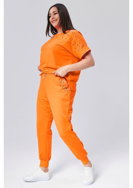 Kadın Büyük Beden Taş ve Boncuk Detaylı Kısa Kollu Yazlık Turuncu Eşofman Takımı fırsatları
