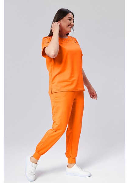 Kadın Büyük Beden Taş ve Boncuk Detaylı Kısa Kollu Yazlık Turuncu Eşofman Takımı indirimleri