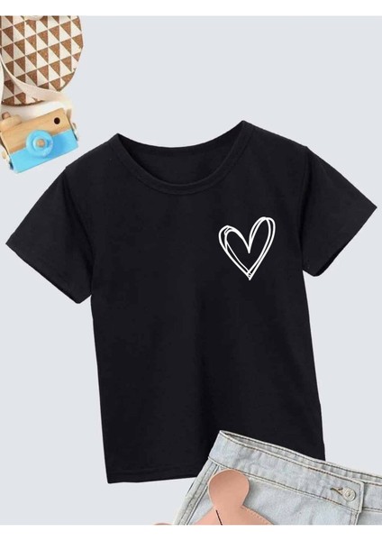 Ünisex Rahat Kalıp Pamuklu Baskılı Siyah Çocuk T-Shirt