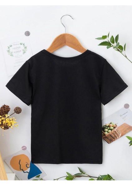 Ünisex Rahat Kalıp Pamuklu Baskılı Siyah Çocuk T-Shirt fiyatları