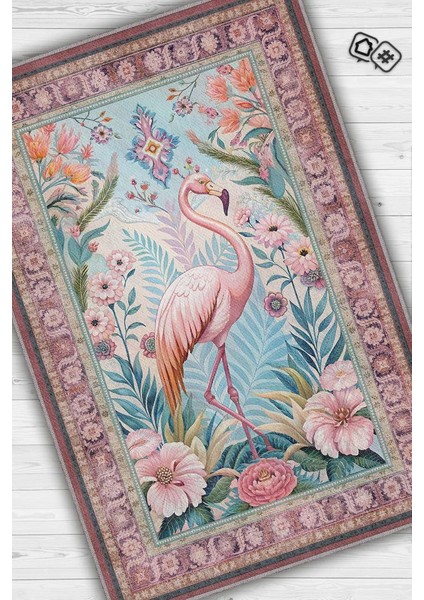 Nuh'un Gemisi Koleksiyonu Flamingo Temalı Çiçek Desenli Vintage Pembe Renkli Konsept Halı