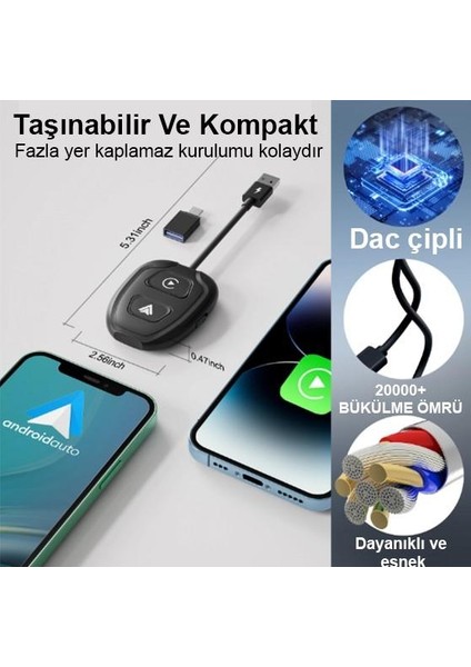 Araç Içi Android ve Apple Cihazlar Ile Uyumlu Kablosuz Carplay ve Android Oto Adaptörü Siyah