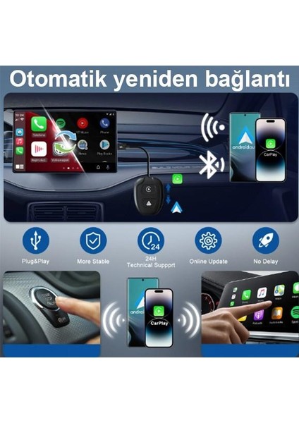 Araç Içi Android ve Apple Cihazlar Ile Uyumlu Kablosuz Carplay ve Android Oto Adaptörü Siyah