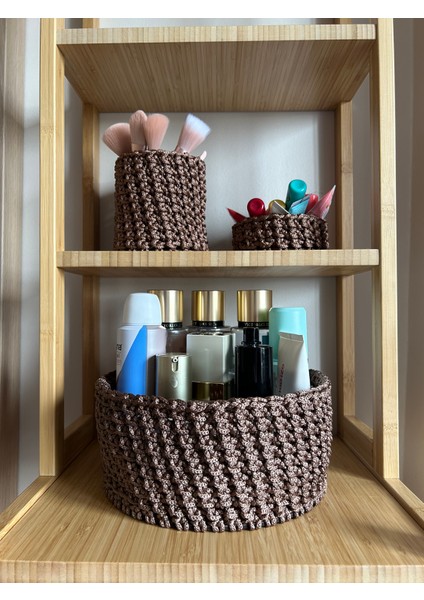 Crochet 3'lü El Yapımı Organizer Sepet / Aksesuar Kutusu Kahverengi