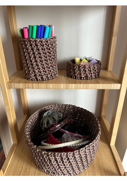 Crochet 3'lü El Yapımı Organizer Sepet / Aksesuar Kutusu Kahverengi