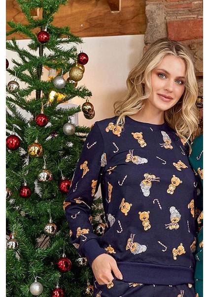 24046 Kadın Uzun Kollu Pijama Takımı-Lacivert