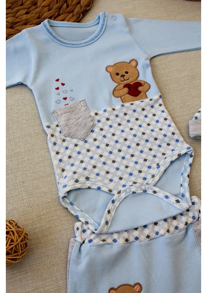Romantik Icık Nakışlı Şapkalı Uzun Kollu Zıbınlı 3lü Kız-Erkek Bebek Takımı Mavi fiyatları