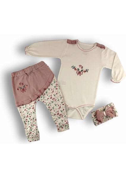 Tb Çiçek Nakışlı Bandanalı Uzun Kollu Zıbınlı 3lü Kız Bebek Takımı Ekru