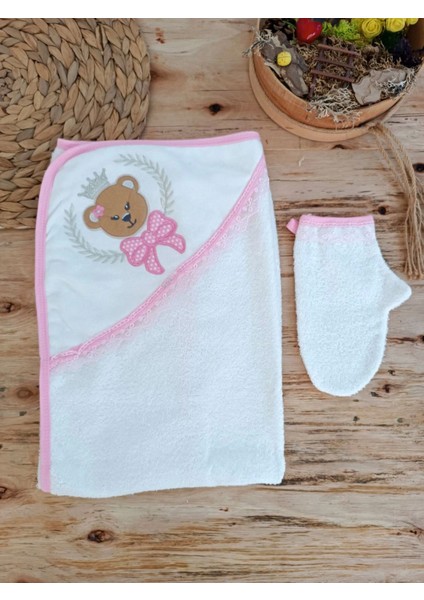 Bear Nakışlı El Keseli 2likız Bebek Havlu Takımı Pembe
