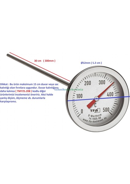 Ø52 mm 0/500 C° 30 cm Dalma Boylu Fırın Termometresi, 30 cm Problu 500 Derece Bahçe, Pizza, Pide, Ekmek, Köy Kara Taş Fırın Isı Gösterge Saati Tfa Dostmann TM832.14.1035.60