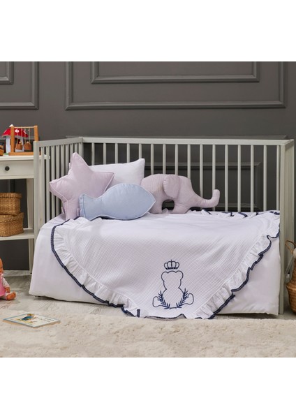- King Bear Bebek Battaniye Işlemeli Müslin Kumaş Pamuk 85CM x 85CM Indigo