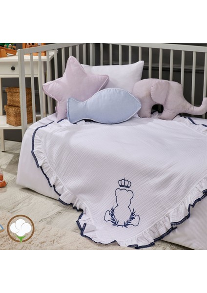 - King Bear Bebek Battaniye Işlemeli Müslin Kumaş Pamuk 85CM x 85CM Indigo fiyatları