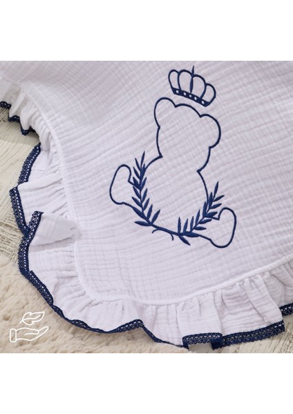 - King Bear Bebek Battaniye Işlemeli Müslin Kumaş Pamuk 85CM x 85CM Indigo fırsatları