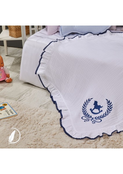 - Lucky Colt Bebek Battaniye Işlemeli Müslin Kumaş Pamuk 85CM x 85CM Indigo
