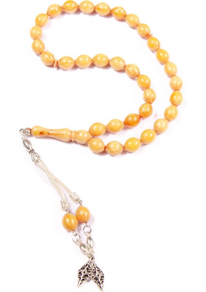 Sığırcık Kesim 11X9 mm Yoğun Hareli Sıkma Kehribar Alpaka Püsküllü Tesbih