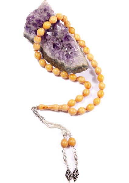 Sığırcık Kesim 11X9 mm Yoğun Hareli Sıkma Kehribar Alpaka Püsküllü Tesbih fiyatları