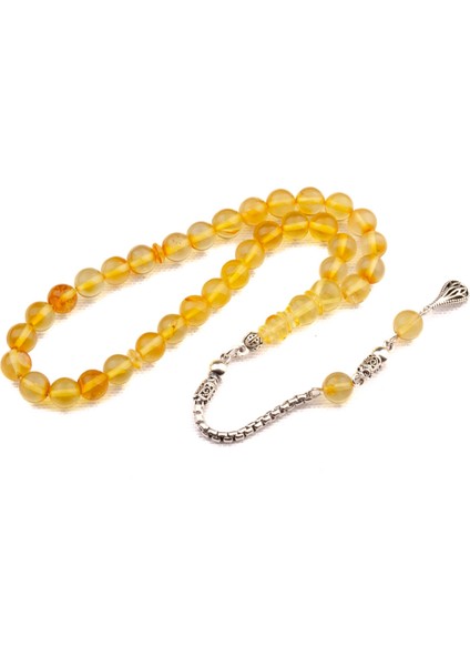 Küre Kesim 7x7 mm Damla Kehribar Gümüş Püsküllü Tesbih