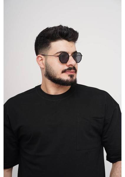 Erkek Over Size Basic Cepli T-SHIRT%100 Pamuklu Kalın Dokulu Kumaş Bisiklet Yaka