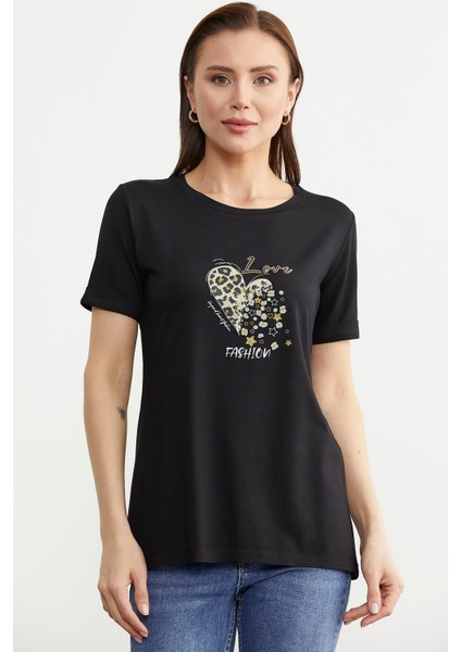 Varak Baskılı Dökümlü Tişört - Siyah