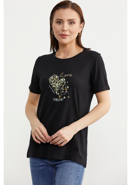 Varak Baskılı Dökümlü Tişört - Siyah fiyatları