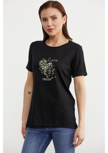 Varak Baskılı Dökümlü Tişört - Siyah modelleri