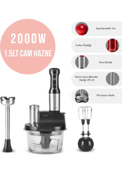 Inox Gövde Premium 2000W Turbo 1,5 Lt Cam Hazneli, 4 Kanatlı Çelik Bıçak Mutfak Robotu & Blender