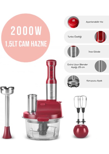 Inox Gövde Premium 2000W Turbo 1,5 Lt Cam Hazneli, 4 Kanatlı Çelik Bıçak Mutfak Robotu & Blender