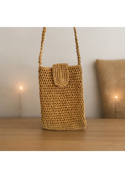Hasır El Yapımı Örgü Telefon Çantası, Handmade Tasarım Çanta