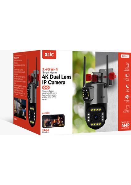 BLM-49 2+2mp 4K Ultra Hd 8x Zoom Ip Kamera Wifi Özellikli Hareket Takipli Gece Sensörlü Kamera BLM-49