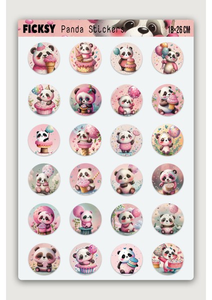 Sevimli Pembe Panda Doğum Günü Temalı Sticker Seti - 24 Adet Yuvarlak Etiket Çıkartma