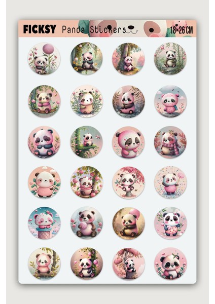 Sevimli Pembe Panda Sticker Seti - 24 Adet Yuvarlak Etiket Çıkartma