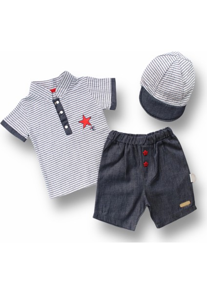 6-9 9-12 12-18 Ay Vip Yaka Şapkalı Kısa Kollu Sweat 3lü Erkek Bebek Takımı modelleri