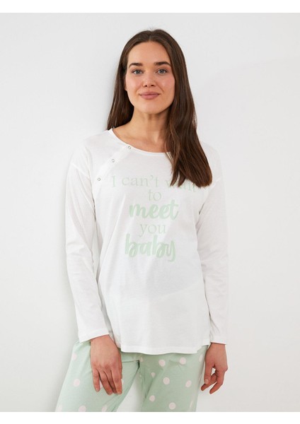 Lcw Dream Bisiklet Yaka Baskılı Uzun Kollu Hamile Pijama Takımı