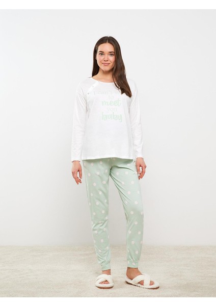 Lcw Dream Bisiklet Yaka Baskılı Uzun Kollu Hamile Pijama Takımı