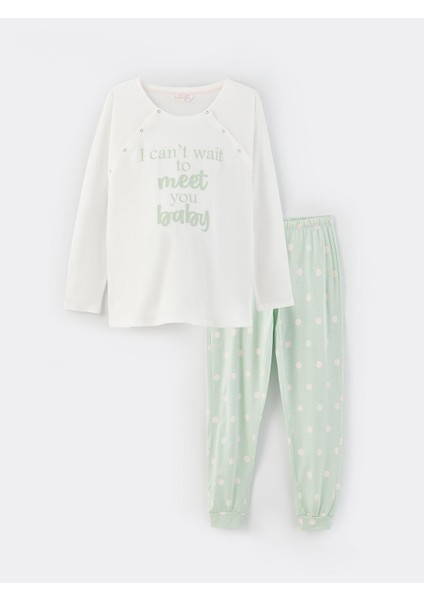 Lcw Dream Bisiklet Yaka Baskılı Uzun Kollu Hamile Pijama Takımı
