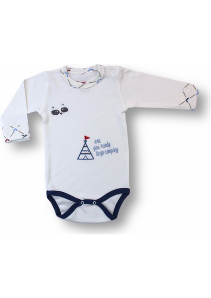3-6 6-9 9-12 Ay My Camping Nakışlı Bandajlı Uzun Kollu Zıbınlı 3lü Erkek Bebek Takımı