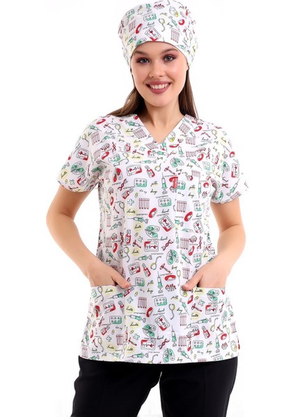 Yarasa Kol Dijital Unisex Desenli Üst - 6518 Beyaz Sağlık Sembolleri