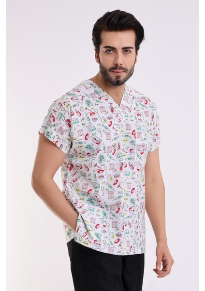 Yarasa Kol Dijital Unisex Desenli Üst - 6518 Beyaz Sağlık Sembolleri fiyatları