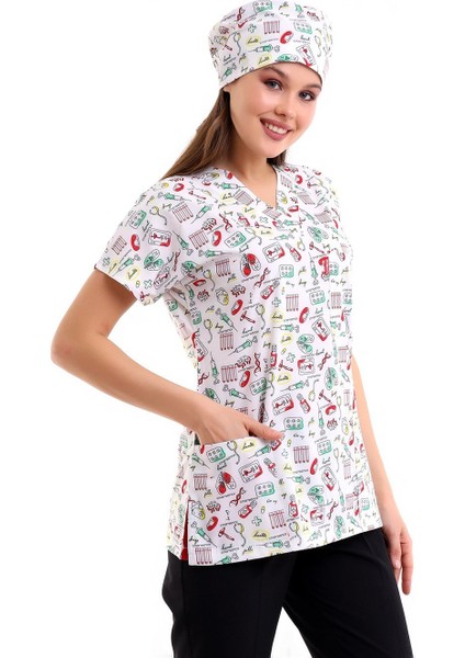 Yarasa Kol Dijital Unisex Desenli Üst - 6518 Beyaz Sağlık Sembolleri fırsatları