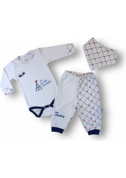 3-6 6-9 9-12 Ay My Camping Nakışlı Bandajlı Uzun Kollu Zıbınlı 3lü Erkek Bebek Takımı fırsatları