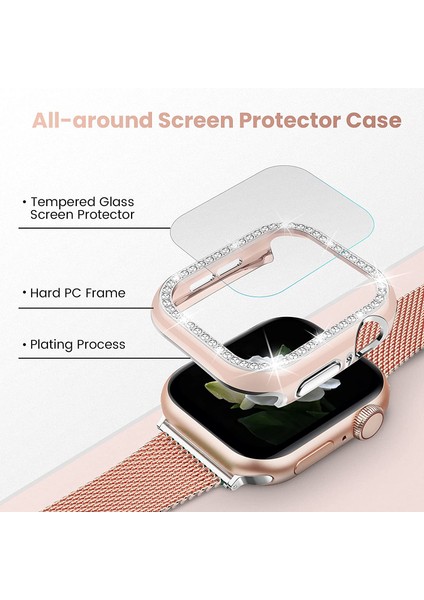 Apple Watch Seri 1,2,3 Uyumlu ( 42MM ) Önü Cam Elmas Taşlı Zarif Tam Koruma Kılıf