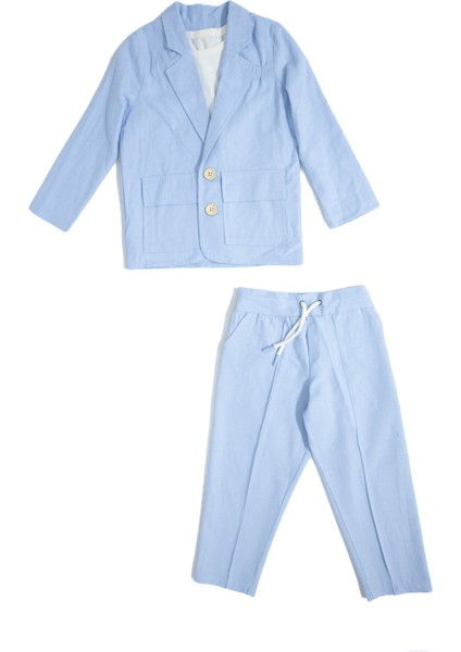 Erkek Çocuk Doğal Keten Kumaş, Pantolon, Tişört, Ceket 3'lü Takım Elbise_RG1465