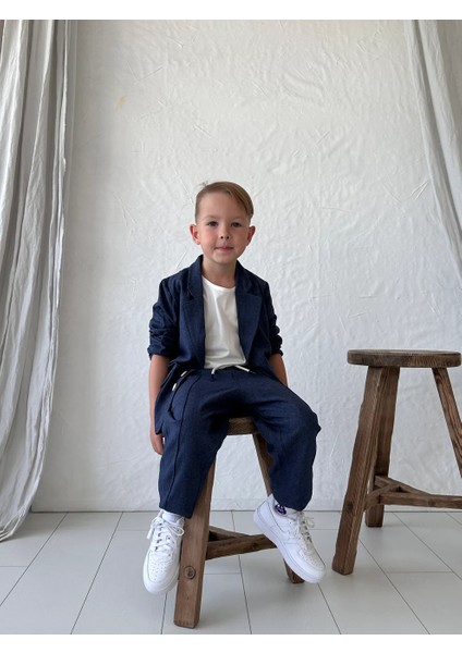 Erkek Çocuk Doğal Keten Kumaş, Pantolon, Tişört, Ceket 3'lü Takım Elbise_RG1465