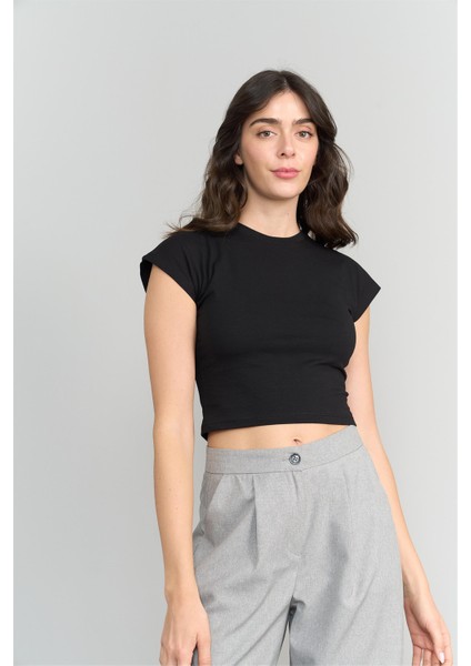 Çetinkaya Fithit 3266 Kadın Bisiklet Yaka Penye Basic Crop T-Shirt Siyah