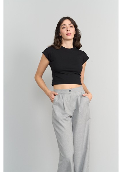 Çetinkaya Fithit 3266 Kadın Bisiklet Yaka Penye Basic Crop T-Shirt Siyah