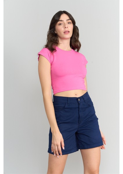 Çetinkaya Fithit 3266 Kadın Bisiklet Yaka Penye Basic Crop T-Shirt Fuşya