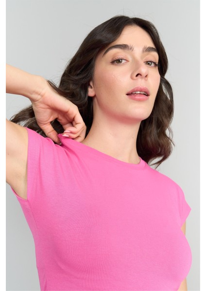 Çetinkaya Fithit 3266 Kadın Bisiklet Yaka Penye Basic Crop T-Shirt Fuşya