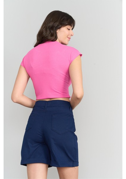Çetinkaya Fithit 3266 Kadın Bisiklet Yaka Penye Basic Crop T-Shirt Fuşya